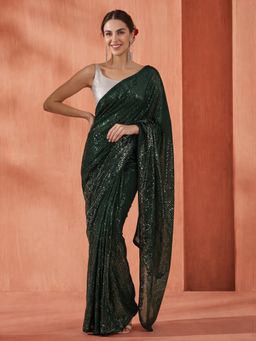 Jaipur Kurti - Green Tissue Embroidered Saree with Unstitched Blouse