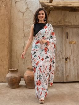 Jaipur Kurti - White Pure Cotton Floral Saree with Unstitched Blouse