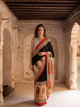 Jaipur Kurti - Black Pure Cotton Printed Saree with Unstitched Blouse