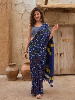 Jaipur Kurti - Navy Blue Pure Cotton Geometric Saree with Unstitched Blouse