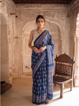 Jaipur Kurti - Navy Blue Pure Cotton Floral Saree with Unstitched Blouse