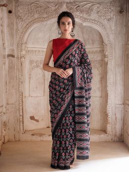 Jaipur Kurti - Black Pure Cotton Floral Saree with Unstitched Blouse