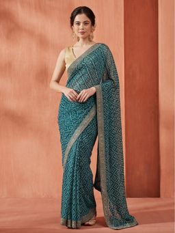Jaipur Kurti - Blue Georgette Printed Saree with Unstitched Blouse