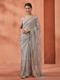 Jaipur Kurti - Grey Georgette Embroidered Saree with Unstitched Blouse