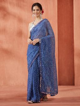 Jaipur Kurti - Blue Chiffon Stripes Saree with Unstitched Blouse