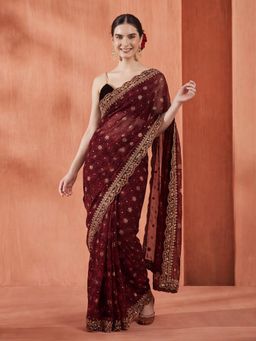 Jaipur Kurti - Burgundy Georgette Embroidered Saree with Unstitched Blouse