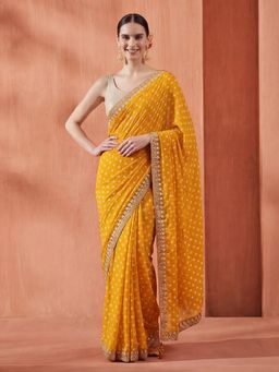 Jaipur Kurti - Mustard Satin Embroidered Saree with Unstitched Blouse