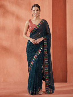 Jaipur Kurti - Green Georgette Embroidered Saree with Unstitched Blouse