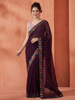 Jaipur Kurti - Burgundy Georgette Embroidered Saree with Unstitched Blouse