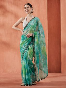 Jaipur Kurti - Green Georgette Embroidered Saree with Unstitched Blouse