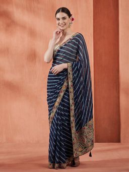 Jaipur Kurti - Blue Georgette Embroidered Saree with Unstitched Blouse