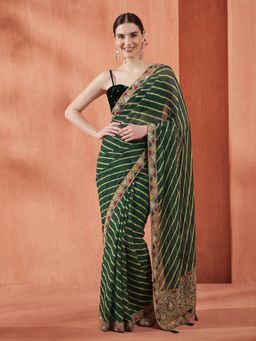 Jaipur Kurti - Green Georgette Embroidered Saree with Unstitched Blouse