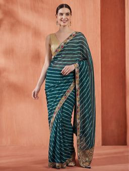 Jaipur Kurti - Georgette Green Embroidered Saree with Unstitched Blouse