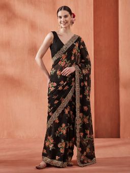 Jaipur Kurti - Black Satin Embroidered Saree with Unstitched Blouse