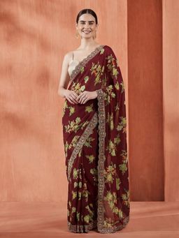 Jaipur Kurti - Burgundy Satin Embroidered Saree with Unstitched Blouse