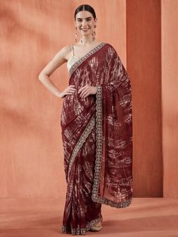 Jaipur Kurti - Maroon Georgette Embroidered Saree with Unstitched Blouse