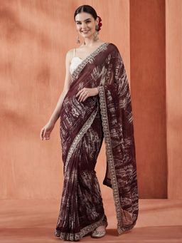 Jaipur Kurti - Burgundy Georgette Embroidered Saree with Unstitched Blouse