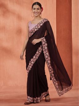 Jaipur Kurti - Burgundy Embroidered Saree with Unstitched Blouse