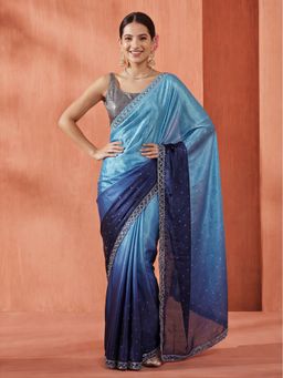 Jaipur Kurti - Blue Satin Embellished/Sequined Saree with Unstitched Blouse