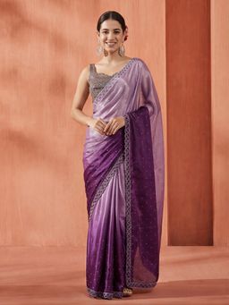 Jaipur Kurti - Lavender Satin Embellished/Sequined Saree with Unstitched Blouse