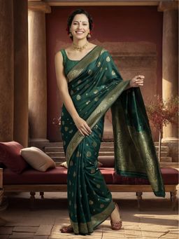 Jaipur Kurti - Green Silk Blend Woven Saree with Unstitched Blouse