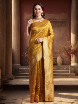 Jaipur Kurti - Mustard Silk Blend Woven Saree with Unstitched Blouse