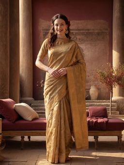 Jaipur Kurti - Beige Silk Blend Woven Saree with Unstitched Blouse