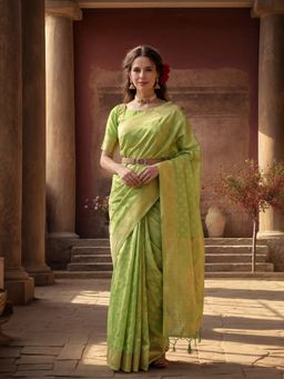 Jaipur Kurti - Green Silk Blend Woven Saree with Unstitched Blouse