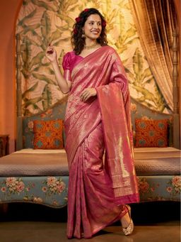 Jaipur Kurti - Pink Silk Blend Woven Saree with Unstitched Blouse