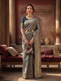 Jaipur Kurti - Grey Silk Blend Woven Saree with Unstitched Blouse