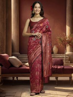 Jaipur Kurti - Burgundy Silk Blend Woven Saree with Unstitched Blouse