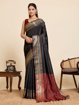 Vedant Vastram - Black Soft Litchi Silk Banarasi Saree with Unstitched Blouse