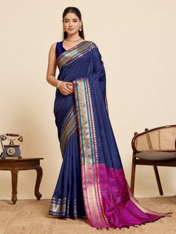 Vedant Vastram - Navy Blue Banarasi Silk Jacquard Saree with Unstitched Blouse