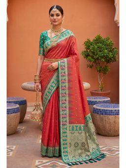 Vedant Vastram - Orange Soft Litchi Silk Kanjeevaram Saree with Unstitched Blouse