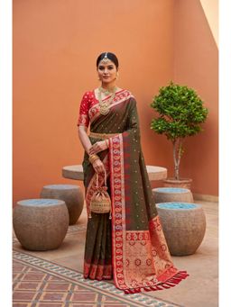 Vedant Vastram - Olive Soft Litchi Silk Kanjeevaram Saree with Unstitched Blouse