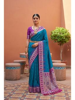 Vedant Vastram - Aqua Kanjeevaram Silk Jacquard Saree with Unstitched Blouse