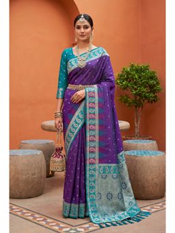 Vedant Vastram - Indigo Kanjeevaram Silk Jacquard Saree with Unstitched Blouse