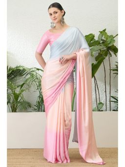 Mysilklove - Beauty Pink and Blue Satin Georgette Silk Saree with Unstitched Blouse