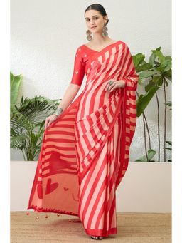 Mysilklove - Coral Red Printed Satin Crepe Silk Saree with Unstitched Blouse