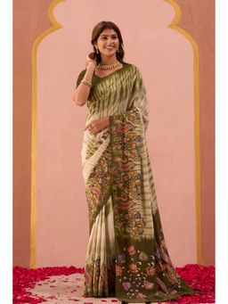 Ekana Label - Green Baagh Bahar Kalamkari Saree with Unstitched Blouse