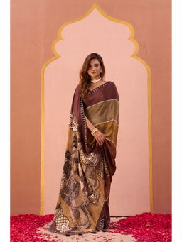Ekana Label - Brown Rang Rekha Saree with Unstitched Blouse