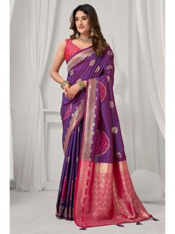 Mysilklove - Eggplant Purple Woven Banarasi Soft Silk Saree with Unstitched Blouse