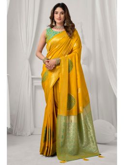 Mysilklove - Sunny Yellow Woven Banarasi Soft Silk Saree with Unstitched Blouse