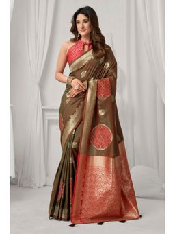 Mysilklove - Mehndi Green Woven Banarasi Soft Silk Saree with Unstitched Blouse