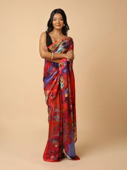 Navyasa By Liva - Navyasa Maroon Liva Satin Abstract Digital Print Saree with Unstitched Blouse