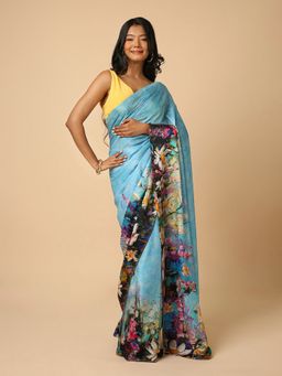 Navyasa By Liva - Navyasa Blue Liva Satin Floral Digital Print Saree with Unstitched Blouse