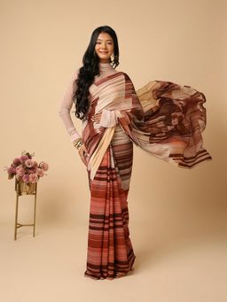 Navyasa By Liva - Navyasa Brown Liva Chiffon Digital Print Saree with Unstitched Blouse