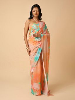 Navyasa By Liva - Navyasa Orange Liva Chiffon Floral Digital Print Saree with Unstitched Blouse