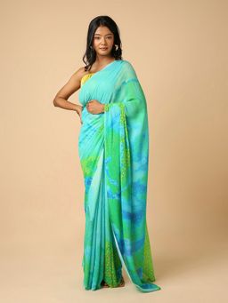 Navyasa By Liva - Navyasa Blue Liva Chiffon Floral Digital Print Saree with Unstitched Blouse