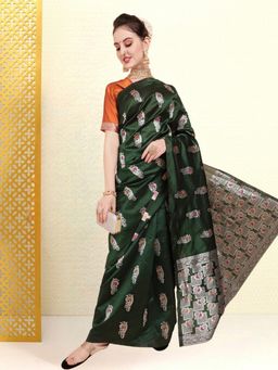 Kartika - Green Floral Print and Paisley Border Saree with Unstitched Blouse